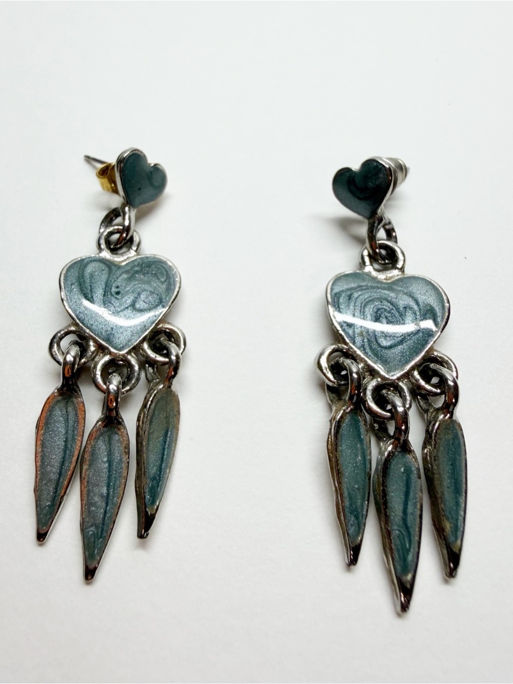Vintage Enamel Double Heart Dangle Chandelier Post Earrings Western Cowgirl